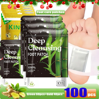 Foot Detox Pads 100pcs Overnight Bamboo Vinegar & Ginger Powder – Deep Cleansing Alcohol-Free Natural Plant Patches