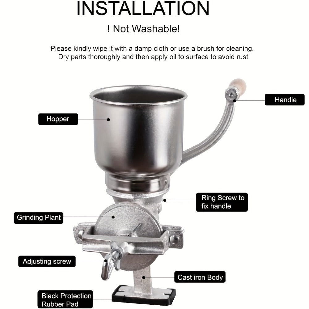 Cast Iron Grain Mill Manual Grain Grinder, Hand Crank Food Mill, High Hopper with Clamp & Shield