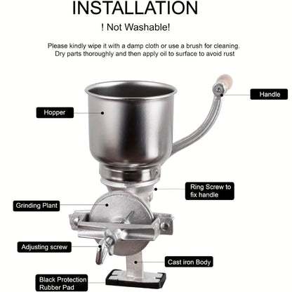 Cast Iron Grain Mill Manual Grain Grinder, Hand Crank Food Mill, High Hopper with Clamp & Shield