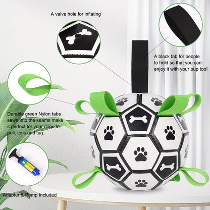Dog Toy Soccer Ball with Grip Straps in 6 or 7.25-Inch Sizes for Tug, Fetch and Water Play