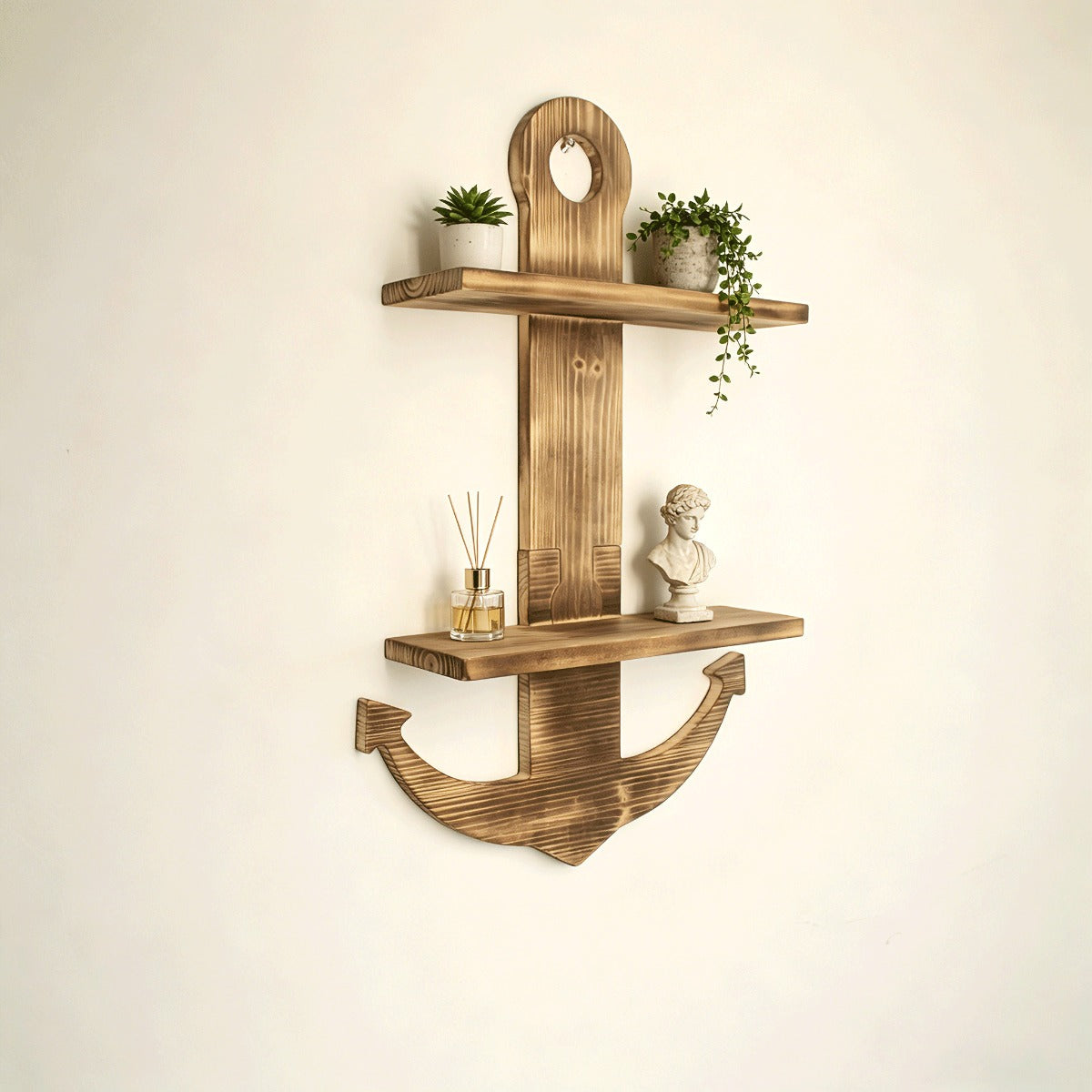 Floating Wall Shelves Solid Wood 2-Tier Nautical Anchor Shelf Handcrafted Heavy Duty Wall Mounted Organizer for Bedroom Living Room Bathroom