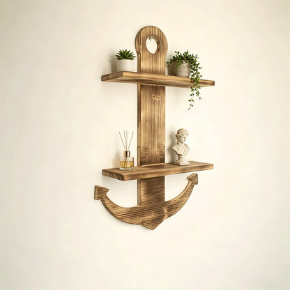 Floating Wall Shelves Solid Wood 2-Tier Nautical Anchor Shelf Handcrafted Heavy Duty Wall Mounted Organizer for Bedroom Living Room Bathroom