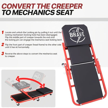 Mechanic Creeper Seat 3-in-1 Heavy Duty 36" – Folding Crawler with Adjustable Z-Seat, 6 Lockable Casters, 350–650 lb Capacity for Auto