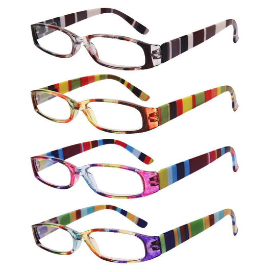 Reading Glasses 4-Pack Retro Rectangle Printed Frames with Spring Hinges and 1.0x to 4.0x Options