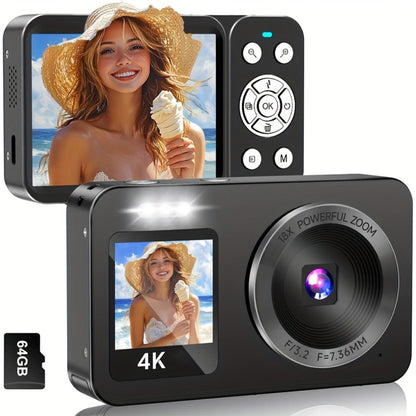 4K Dual Screen Digital Camera 18X Zoom Vlogging Camera with Anti-Shake 64GB Card & 2 Batteries
