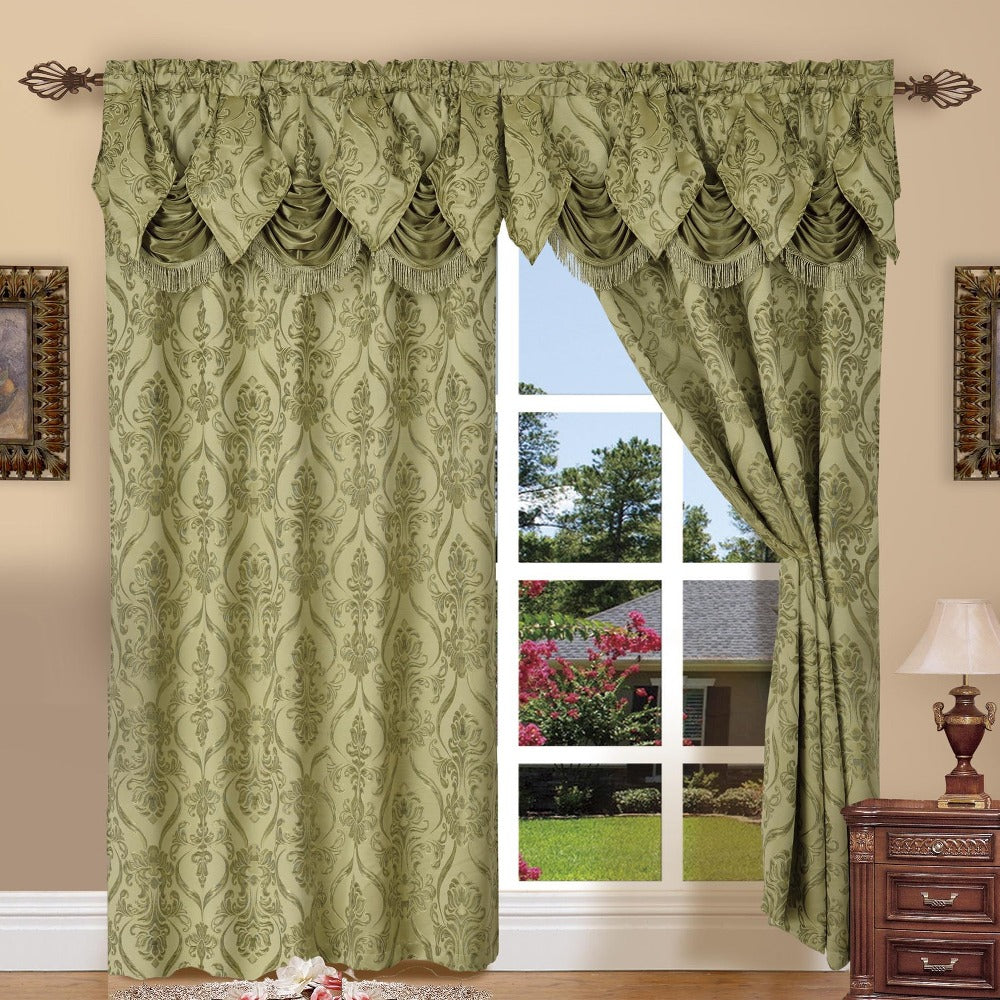 Jacquard Curtain Panels 2-Piece Set 54x84 Inch with Attached Waterfall Valance - Rod Pocket Room Darkening Luxury Window Curtains