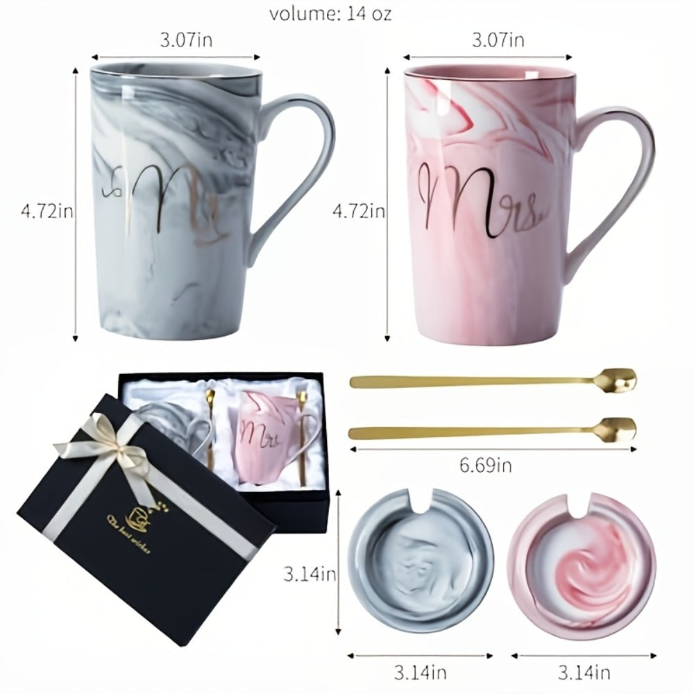 Mr and Mrs Mugs Wedding Gift Set 14oz Ceramic Marble – Bride and Groom Couples Mugs | Bridal Shower Engagement Anniversary Gift | Reusable