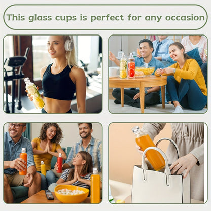 Borosilicate Glass Water Bottle Set of 6 with Lid Sleeve and Cleaning Brush – 18oz Reusable Juice Bottles | Non-Slip Sports Drinking Vessels