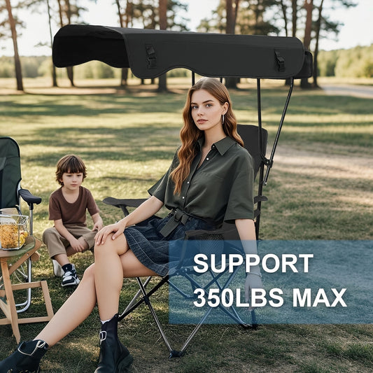 Folding Camping Chair with Optional Sunshade Canopy, Cup Holders, Carry Bag and Black, Red or Blue Configurations