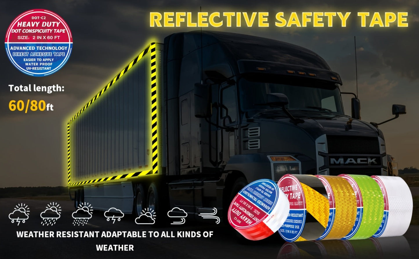 DOT-C2 Reflective Tape 2"x60' High Intensity Prismatic Self-Adhesive Safety Strip – Waterproof Wear-Resistant Ultra Bright for Cars Trucks