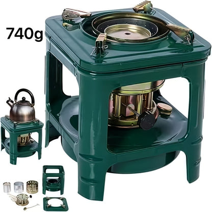 Military Green Kerosene Camping Stove with Pot Supports and Adjustable Wick Control, 740g Outdoor-Only Cooking Unit