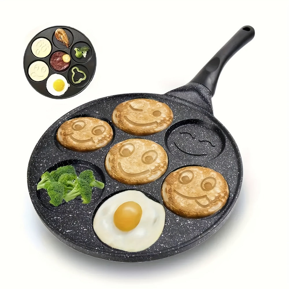 Non-Stick Pancake Pan 7-Hole Smiley Face, Fun Breakfast Egg & Bacon Frying Tray for Kids & Family
