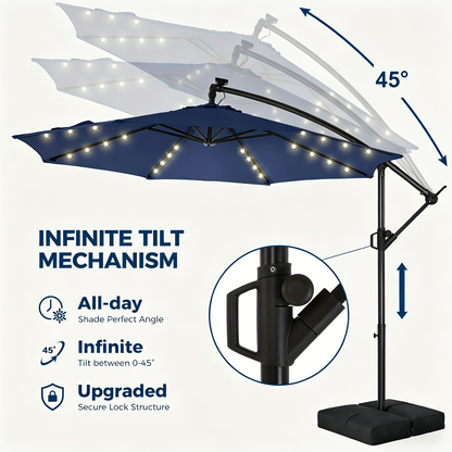 Patio Umbrella 10FT Solar LED Cantilever Style with 32 Lights, Eight-Rib Frame, Tilt and Four Colors