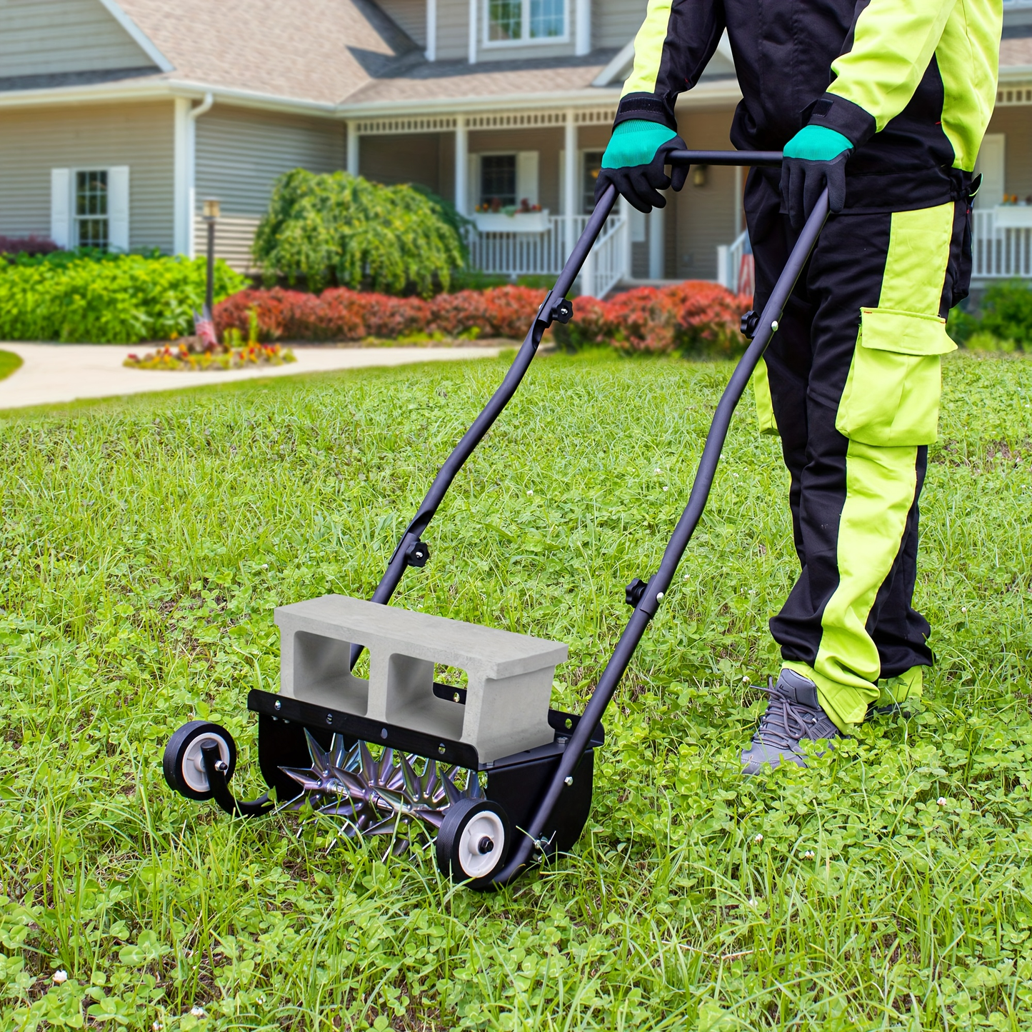 Rolling Lawn Aerator Push Spike 16.5" with 5-Star Steel Tines, Weight Tray & Steel Handle for Deep Soil Aeration