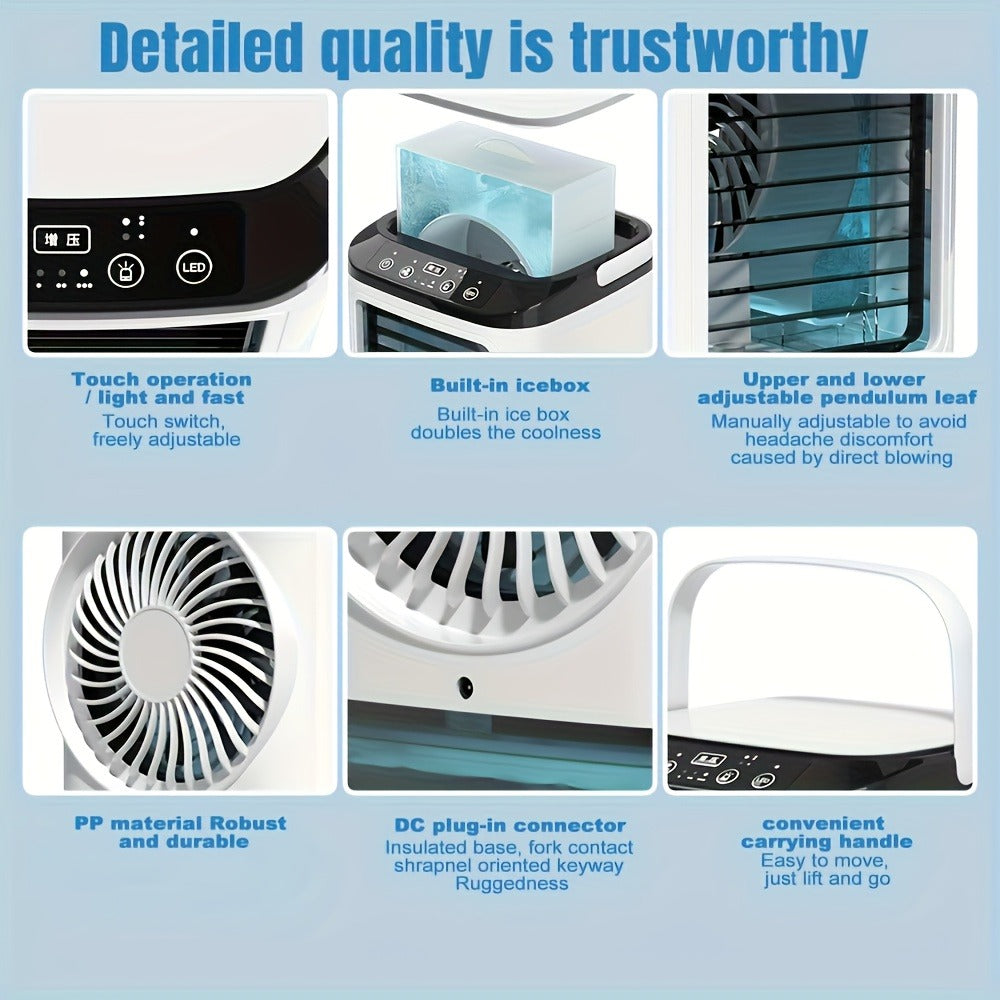 Portable Air Cooler Fan USB Humidifier with Rainbow Ambient Light, 3-Speed Atomization Misting Fan with Large Ice Box and Low Noise
