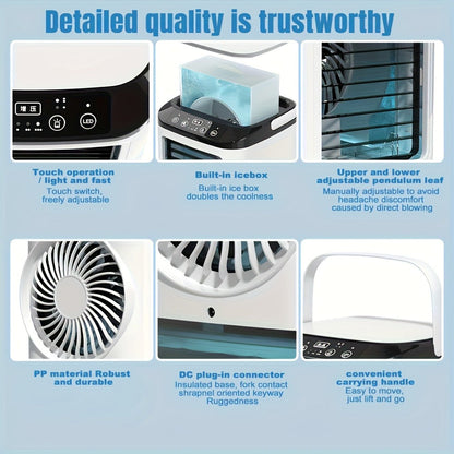 Portable Air Cooler Fan USB Humidifier with Rainbow Ambient Light, 3-Speed Atomization Misting Fan with Large Ice Box and Low Noise