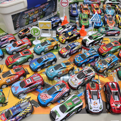 64 Pcs Pull Back Toy Car Set with City Map, Traffic Signs & Storage Box, 56 Mini Die-Cast Vehicles for Kids Boys Girls Ages 3+