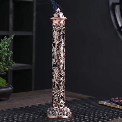 Incense Stick Holder Metal Retro Vertical Design, Dragon & Phoenix Heart Sutra Motif Brass Incense Burner Stand