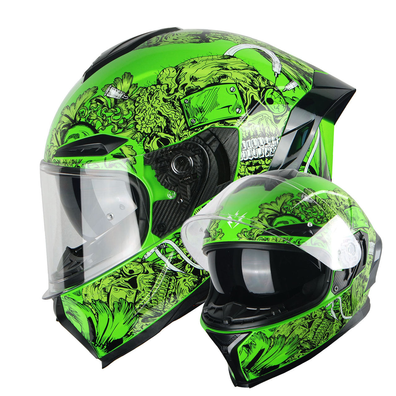 Motorcycle Helmet Full-Face Dual-Visor Shell with Clear Outer Shield, Smoked Inner Visor, Nine Colors and S-XL Sizes