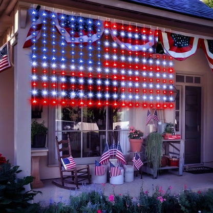American Flag LED Curtain Lights 242 LEDs USB Powered, 4th of July Patriotic Decorations for Home Porch Garden Courtyard