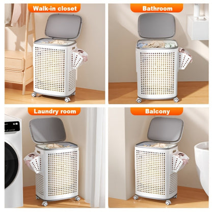 Rolling Laundry Basket with Lid and Wheels, Large Foldable Ventilated Storage Bin with Lockable Casters