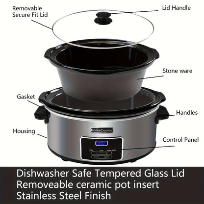 Slow Cooker 7.5 Quart Digital Programmable with Timer Ceramic Pot Stainless Steel Housing for Entryways, Bedrooms and Living Spaces