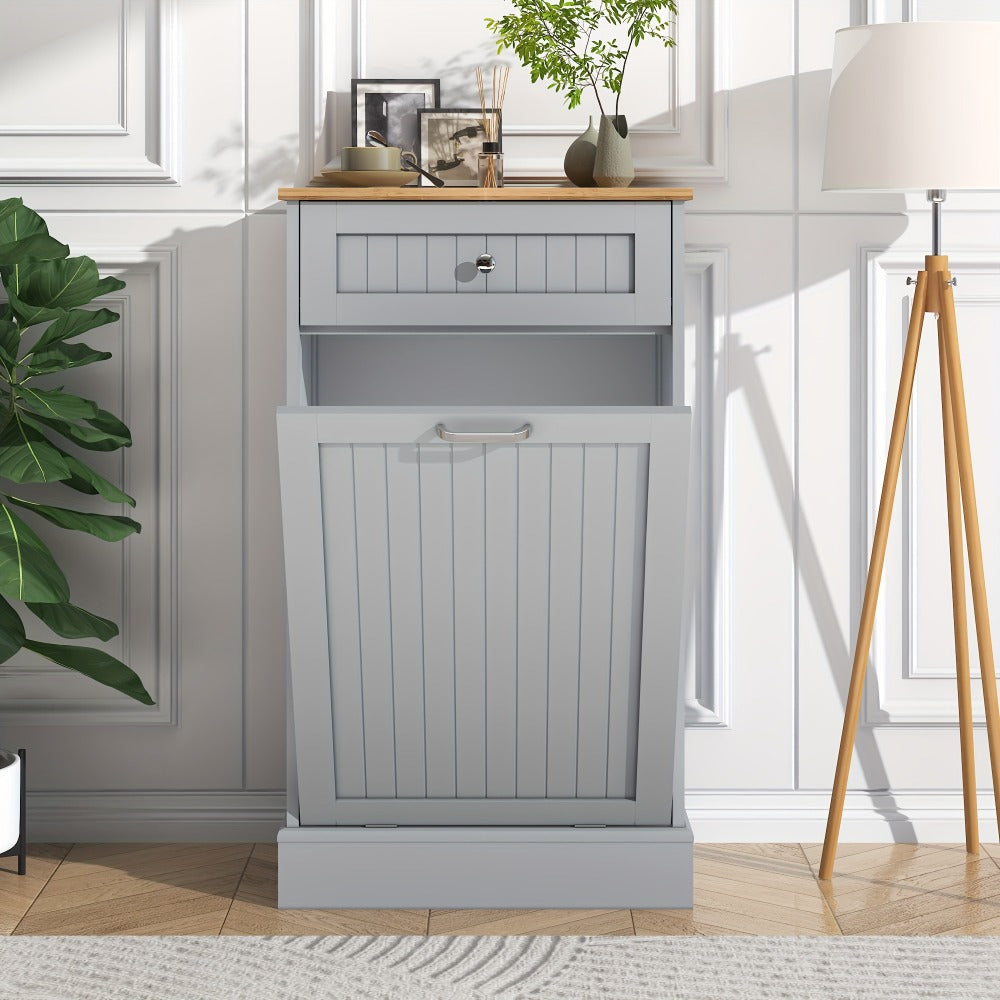 Tilt Out Trash Cabinet Freestanding Kitchen Garbage Cabinet with Cutting Board & Drawer, Wood Hideaway Recycling Station