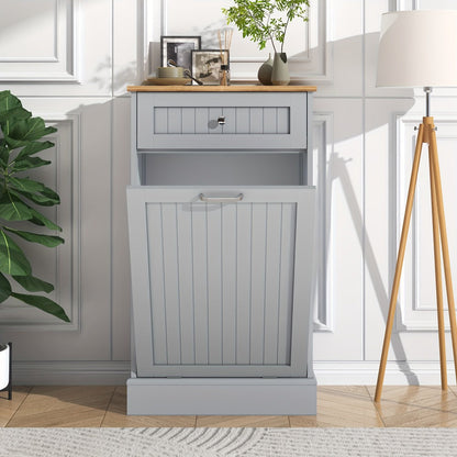 Tilt Out Trash Cabinet Freestanding Kitchen Garbage Cabinet with Cutting Board & Drawer, Wood Hideaway Recycling Station