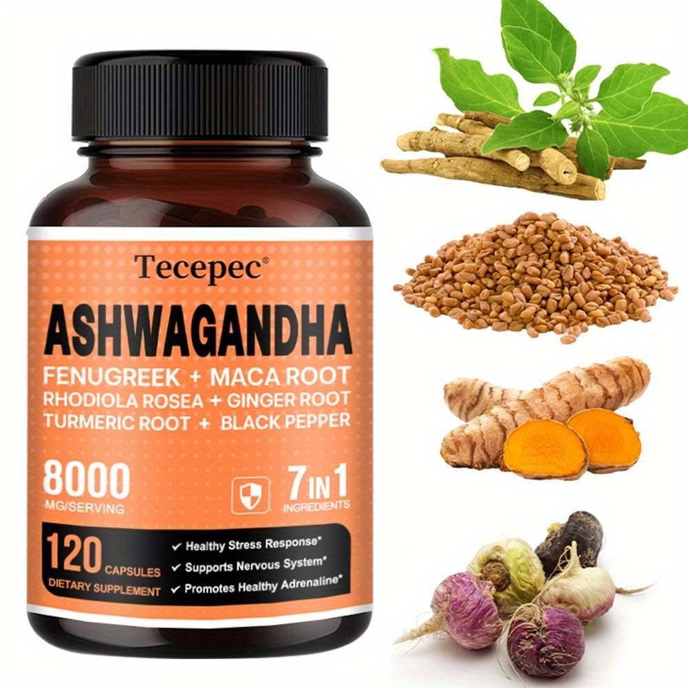 Ashwagandha Capsules 7-in-1 Adaptogen Blend 120ct with Maca Root Rhodiola Rosea Ginseng for Bath Time, Home Spa and Personal Care