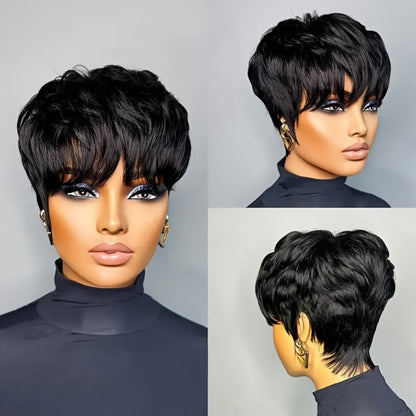 Straight Pixie Human Hair Wig with Bangs, Black 6-Inch Length and Approximately 22.5-Inch Cap