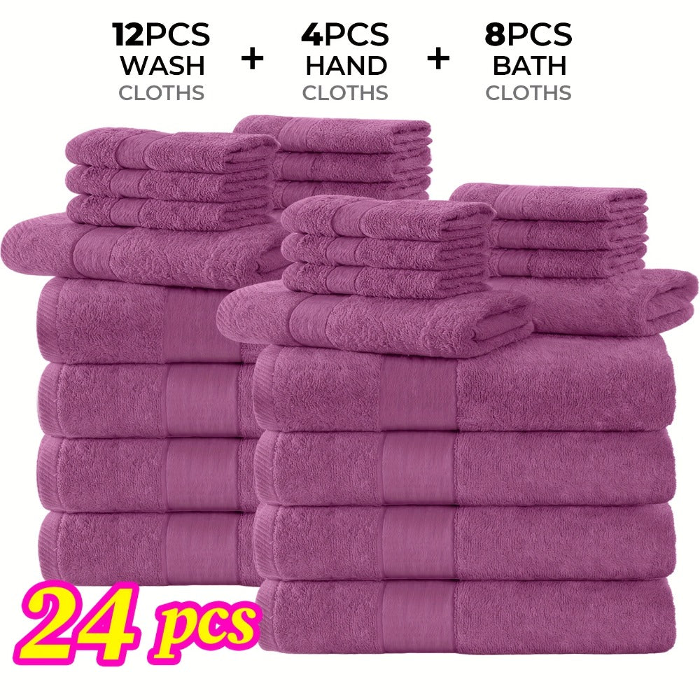 Towel Set 12 or 24 Piece Cotton Collection with Bath, Hand and Washcloth Formats in Seven Colors
