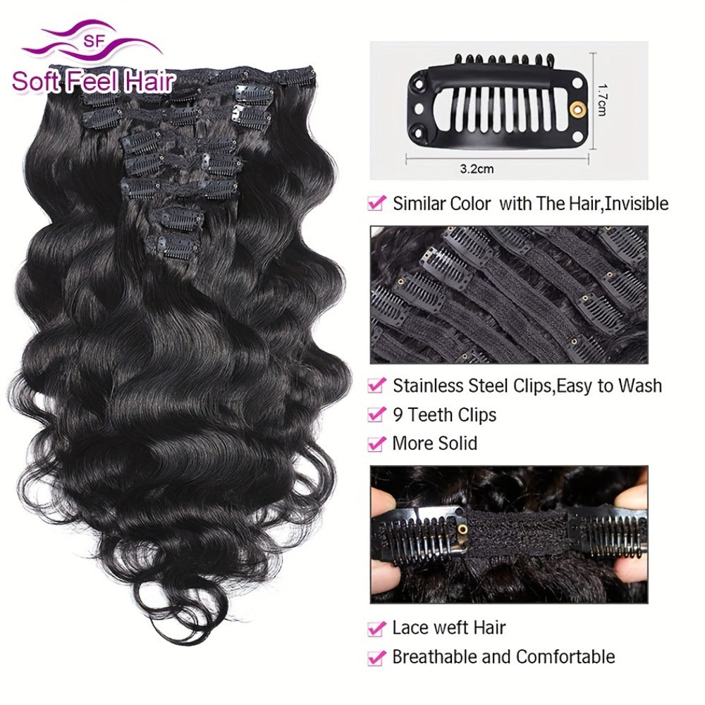 Clip In Human Hair Extensions Body Wave 8pcs 120g Full Head Real Human Hair Clip Ins Natural, for Home, Travel and Salon Hair Styling