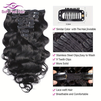 Clip In Human Hair Extensions Body Wave 8pcs 120g Full Head Real Human Hair Clip Ins Natural, for Home, Travel and Salon Hair Styling