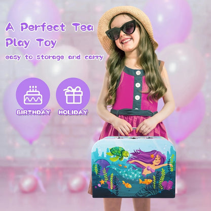 Mermaid Tea Party Set for Girls 21pcs, Tin Teapot, 4 Cups, Saucers, Plates & Carrying Case, Pretend Play Kitchen Toy for Toddlers