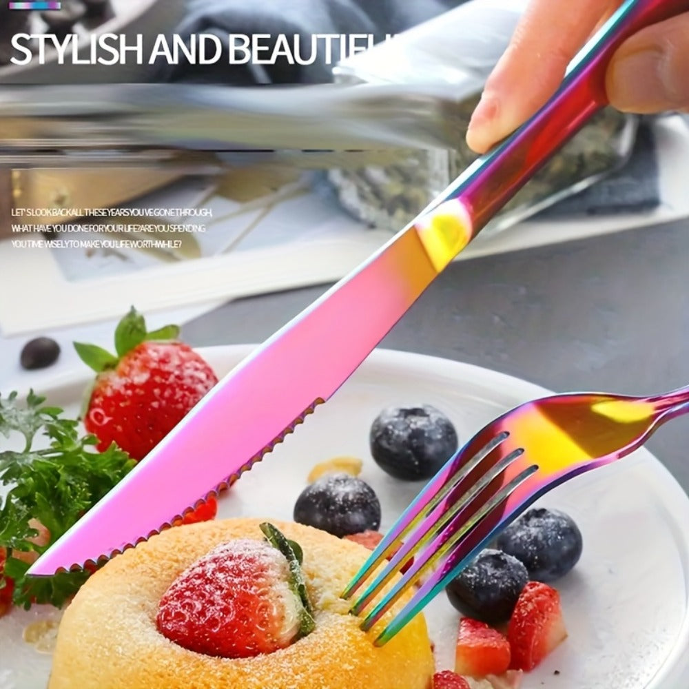 Camping Tableware Set Stainless Steel Rainbow Plates Bowls Cups with Forks Spoons Knives Outdoor for Camping, Travel and Outdoor Use