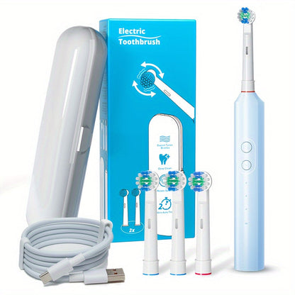 Electric Toothbrush for Adults, Rechargeable 4 Brush Heads 3 Cleaning Modes Smart Timer IPX7 Waterproof USB Quick Charge 600mAh Round Head