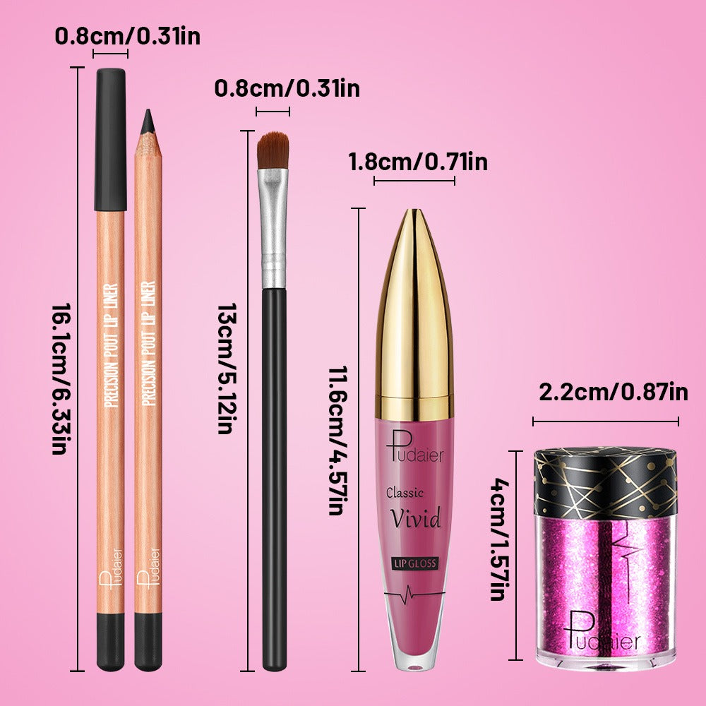 Four-Piece Glitter Lip Art Set with Loose Glitter Pot, Color Tube, Liner Pencil and Applicator Brush