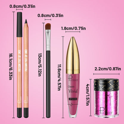 Four-Piece Glitter Lip Art Set with Loose Glitter Pot, Color Tube, Liner Pencil and Applicator Brush