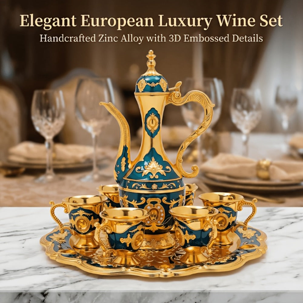 Vintage Turkish Coffee Tea Set – Zinc Alloy Teapot, 6 Cups & Tray | European Style Luxury Gift Set for Tea, Coffee & Cappuccino