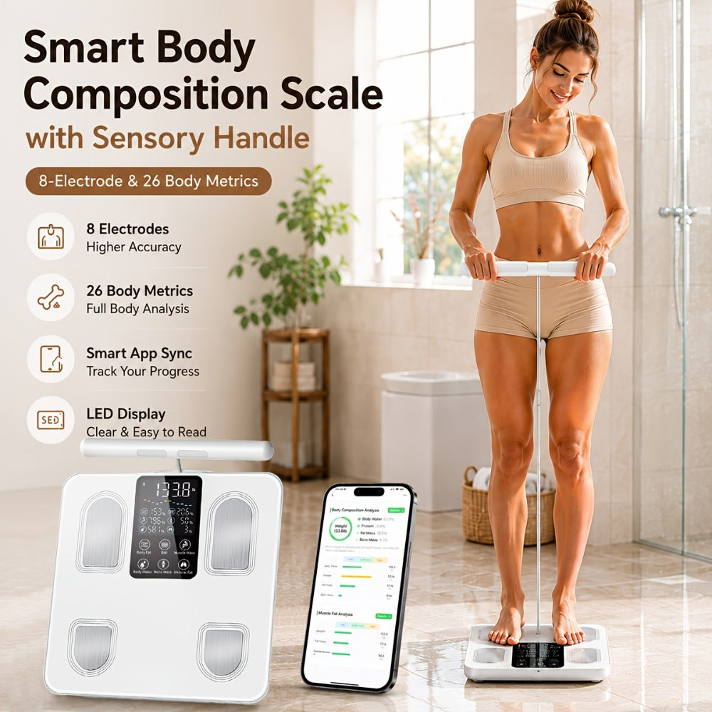 Smart Body Fat Scale with Handle, 8-Electrode Full Body Composition Analyzer, BMI Mass Monitor