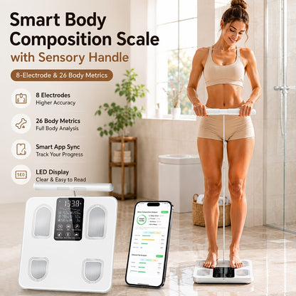Smart Body Fat Scale with Handle, 8-Electrode Full Body Composition Analyzer, BMI Mass Monitor