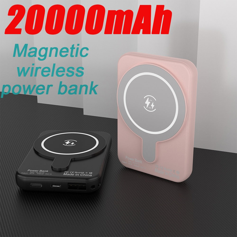 20000mAh Magnetic Wireless Power Bank with Lower-Edge Wired Ports, Side Button and Black or Pink Finish