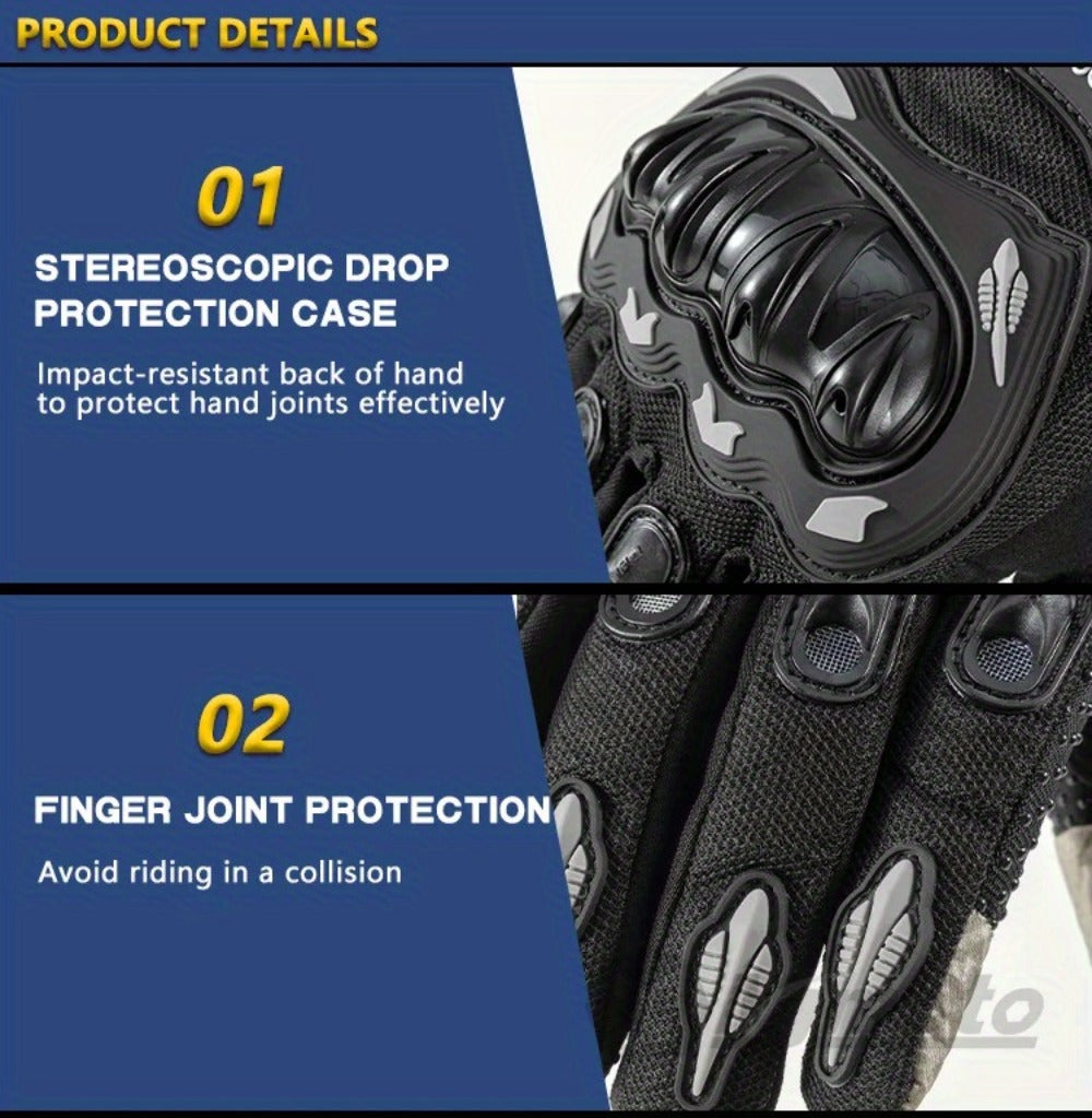 Full-Finger Motorcycle Gloves with Segmented Knuckle Shell, Wrist Tabs, Black or Red in M to XL