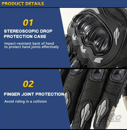 Full-Finger Motorcycle Gloves with Segmented Knuckle Shell, Wrist Tabs, Black or Red in M to XL