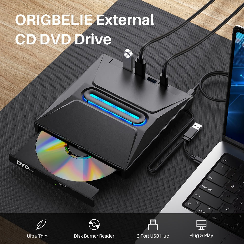 8-in-1 Luminous External CD DVD Drive USB 3.0 & Type-C - Portable CD/DVD±RW Burner Player Hub with 3 USB Ports
