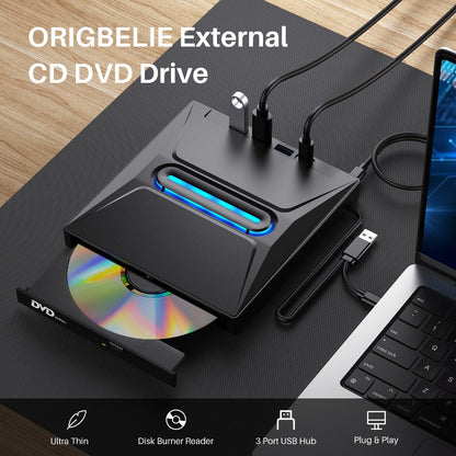 8-in-1 Luminous External CD DVD Drive USB 3.0 & Type-C - Portable CD/DVD±RW Burner Player Hub with 3 USB Ports