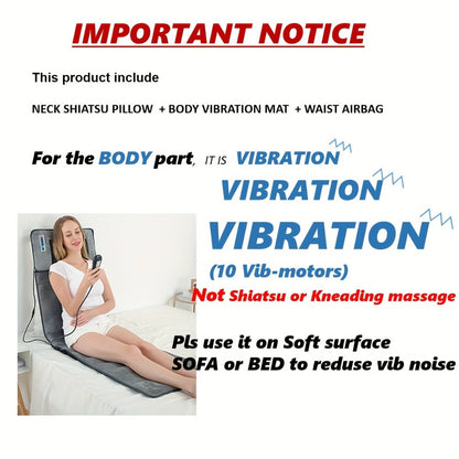 Full Body Shiatsu Massage Mattress, 10-Zone Vibration with Neck Kneading & Hot Compress for Home or Salon Spa Use