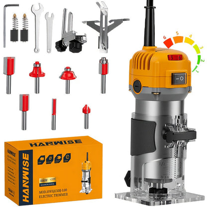 Wood Router Edge Trimmer 800W 6.1Amp Compact Hand Router Tool 35000RPM with Variable Speed, 1/4" Collet