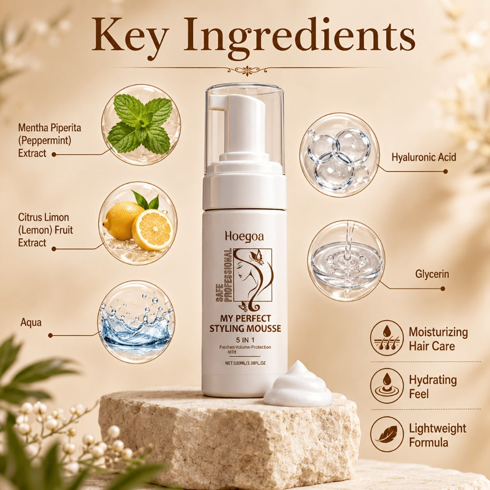 Hair Styling Mousse with Mint Extract & Hyaluronic Acid – Long-Lasting Flexible Hold, Moisturizing Mild Formula, Frizz Control