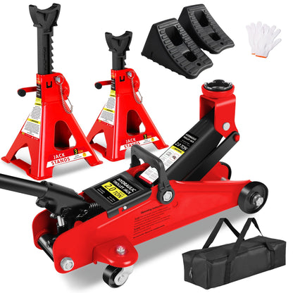Hydraulic Floor Jack Kit 2/2.5/3 Ton Low Profile Trolley Jack with Jack Stands, Tire Repair Kit, Wheel Wrench & Wheel Chock Combo – Red/Blue